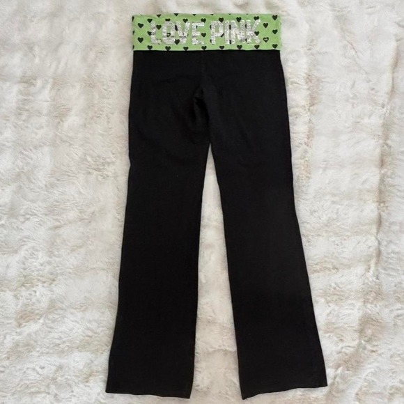 victoria's secret pink yoga fold over flare pants green hearts - Picture 6 of 8